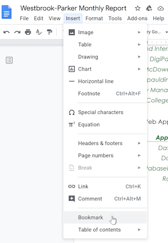 A cursor hovers on the Bookmark option within the Insert drop-down menu.